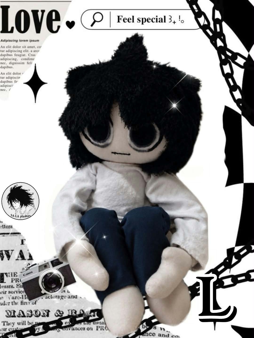 L — Death Note — handmade plush by Sala, sitting holding his legs